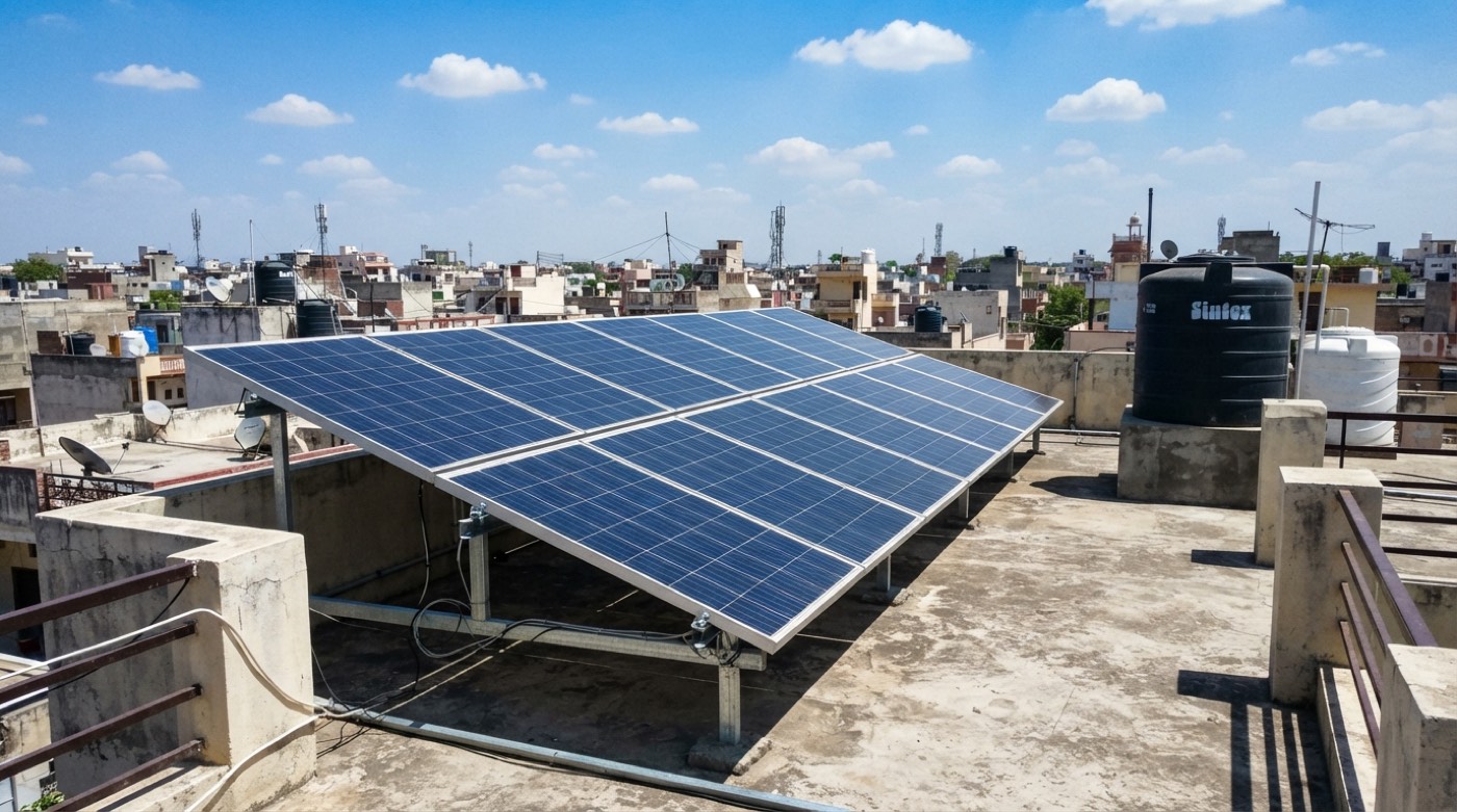 Rooftop solar panels installed on an Indian home